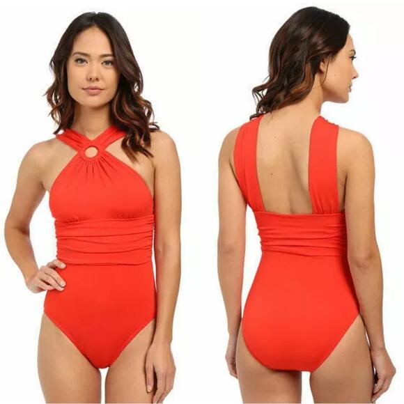 NWOT Michael Kors One Piece Bathing Suit Red Drapey High Neck Swimsuit Size XS - Picture 1 of 7